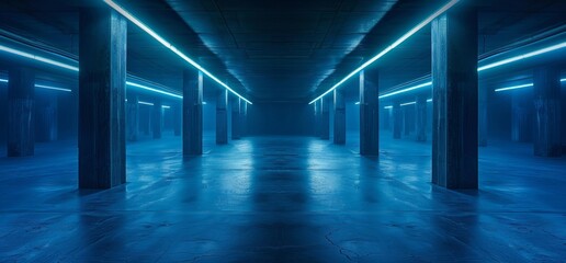 Poster - 3d rendering of a sci-fi industrial cyber futuristic stage with blue neon lights illuminating a show