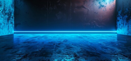 Wall Mural - The Sci-Fi Futuristic Neon Blue Lasers Glowing Modern Simple Underground Realistic Light Glowing On Concrete Dark Room Hangar Parking Car Showroom Tiled Floor Background 3D Rendering