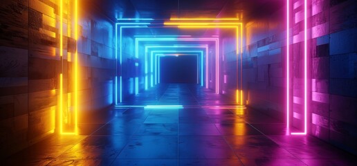 Poster - CG Neon Futuristic Room Glowing Blue Orange Glass Frosted Panels Red Vibrant Fluorescent Lasers Glowing Dark Corridor Hallway Glossy Concrete Grunge Stage Podium