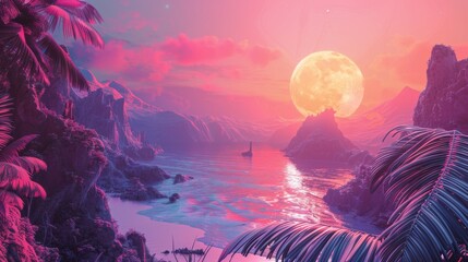 Poster - a retro wave panorama background style concept featuring vapor synthesizers.