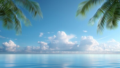 A blue sky with white clouds and palm leaves, a tropical paradise, palm trees in the foreground sun shining