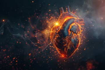 Poster - As light trails depict the futuristic and technological nature of this concept, an anatomical heart made of wires and circuits connects to an AI system.
