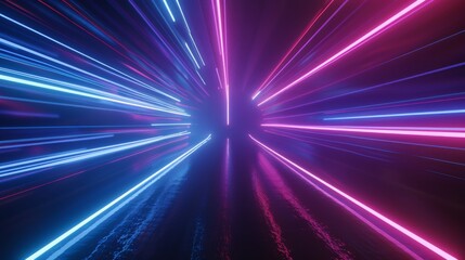 Poster - A futuristic background with bluish pink neon glow laser beam rays moving quickly against a background of high speed internet, cyberpunk, technology, a futuristic abstract background made from
