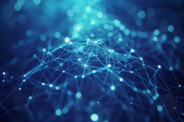 Poster - An abstract blue background with a grid of particles connected to each other in a sci-fi digital technology with network connections and data graphics.It was generated using AI.