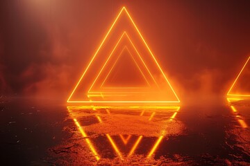 Poster - Triangle tunnel or corridor neon glow background. Laser lines and LED technology create glow in dark rooms. Cyber club neon light stage.