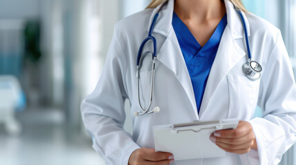 Wall Mural - A woman in a white lab coat is holding a clipboard and wearing a blue shirt