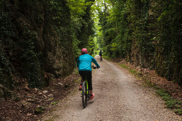 Cyclist on forest path