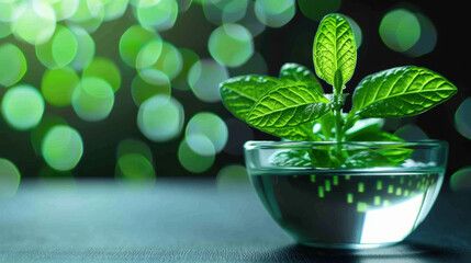 Sticker - A small green plant is in a glass bowl on a table