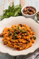 Canvas Print - pasta with tuna tomatoes capers and black olives