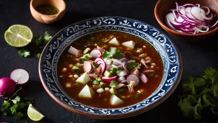 Wall Mural - Elegant Simplicity, A Bowl of Soup with Red Onion and Lime Garnish