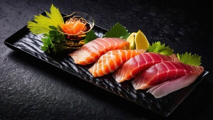 Wall Mural - Elegant Sashimi Artistry on Slate - A Culinary Masterpiece