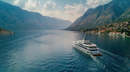 Poster - Luxury Yacht Sailing Through Stunning Mountain Bay