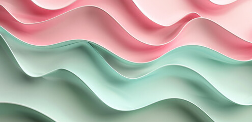 Poster - 3d render of simple cute abstract background with pastel pink and mint colors, wavy shapes


