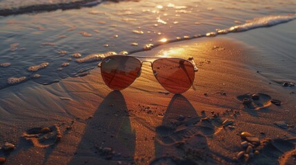 Canvas Print - Sunglasses on the Beach at Sunset