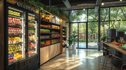 supermarket and shelves with fresh food and vegetable background