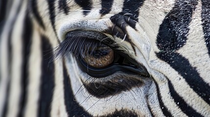 Wall Mural - extreme closeup of a zebras eye intricate details of iris and lashes stark black and white stripes filling the frame