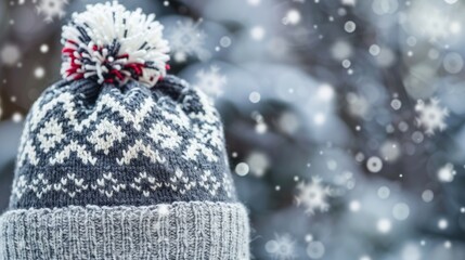 Aufkleber - Winter hat with gray jacquard pattern on background Ample space for text