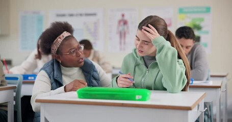 Poster - High school, teacher and frustrated student with help for learning, exam stress and support for project. Advice, woman and girl in classroom with knowledge, information and problem solving together