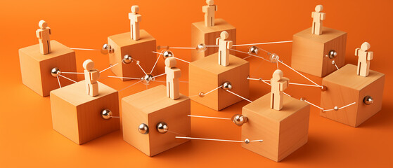 Connected Wooden Figures with Spheres on Orange Background