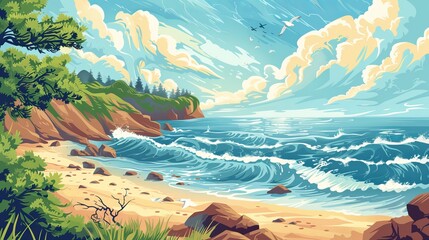 Sticker - Stylized coastal landscape vector illustration. Artwork with stripped and free stroke techniques