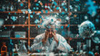 © BetterPhoto - A scientist surrounded by a chaotic mix of floating puzzle pieces, appearing overwhelmed. Concept of mental overload and stress.