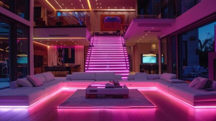 Sticker - Modern Living Room with Pink LED Lights