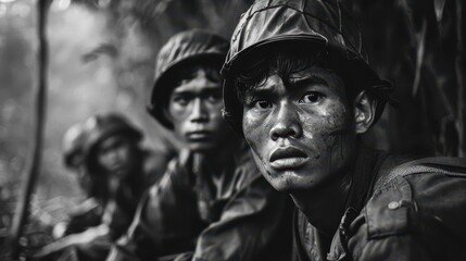 gritty black and white photograph of vietnamese soldiers in combat intense facial expressions jungle backdrop historical wartime documentation
