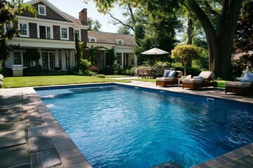 Wall Mural - A large pool with a house in the background. The pool is surrounded by a patio area with chairs and umbrellas