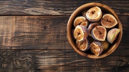 Wall Mural - Top view of wooden table with space for text showcasing a bowl of dried figs as a nutritious snack