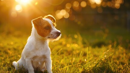 Wall Mural - Small adorable Jack Russell Terrier dog sitting on grass in evening sunlight Space for text