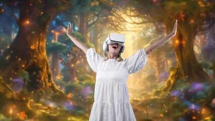 Wall Mural - Excited woman wearing VR with stretching arms getting fresh air in wonderland fairytale forest maple leaves falling in meta world like jungle landscape dreamy scenery at fantasy morning. Contraption.