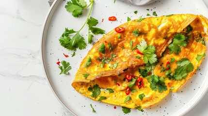 Wall Mural - Thai Style Egg Omelette with Coriander Garnish on White Plate