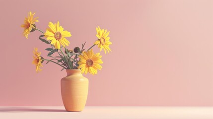 Wall Mural - Yellow daisy flowers in a small vase on a light pink background