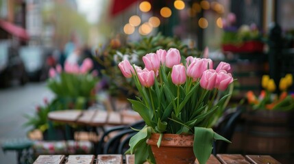 Wall Mural - Pink tulips blooming by a cafe outdoors