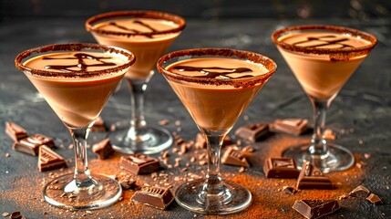 Canvas Print - Four Chocolate Cocktails with Chocolate Garnish on a Dark Background. Perfect for Celebrations and Parties. A blend of flavors captured in a stylish visual presentation. Stock Photo. AI