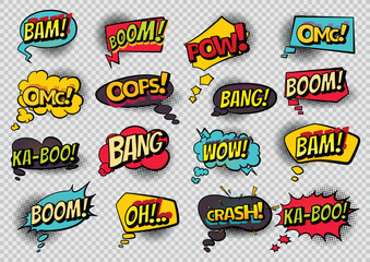 Wall Mural - Comics book speech bubbles. Colored hand drawn retro cartoon stickers. Comic text WOW, boom, bang collection sound effects in pop art style. Funny design vector symbols