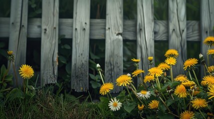 Wall Mural - Yellow dandelion bouquet near wooden fence