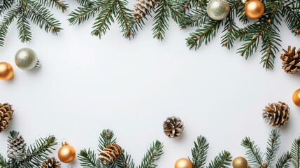 Spruce tree branches with pine cones and Christmas ornaments on white background viewed from above Ample space for text