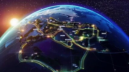 Poster - A hyperrealistic digital artwork showcasing a vibrant global business hub on a rotating blue planet, illuminated by the warm glow of the setting sun.