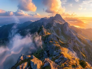 Wall Mural - majestic mountain range at golden hour dramatic peaks ethereal mist and vibrant sky panoramic composition capturing natures grandeur and serenity