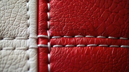 Wall Mural - Texture of leather in red and white with a stitched seam