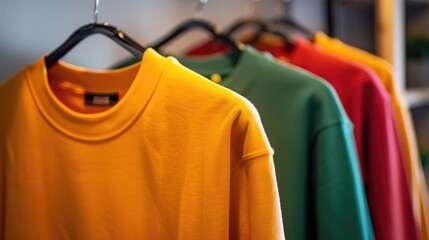 Three bright sweatshirts and a long sleeved cotton T shirt on hangers