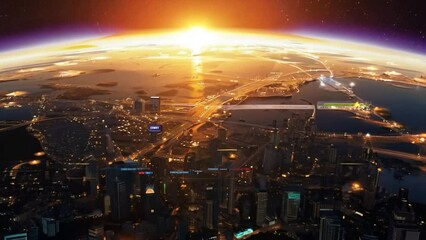 Poster - A hyperrealistic digital artwork showcasing a vibrant global business hub on a rotating blue planet, illuminated by the warm glow of the setting sun.