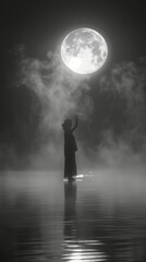 Wall Mural - A solitary figure stands in the misty water, silhouetted against the full moon's glow.
