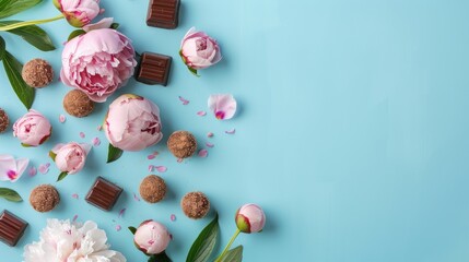 Wall Mural - Peonies and Chocolates on Blue Background with Copy Space