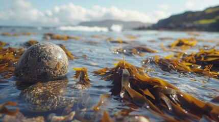 Wall Mural - Sea pebble in seaweed in ocean on sunny day