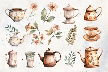 Canvas Print - A collection of teapots and cups with flowers and leaves