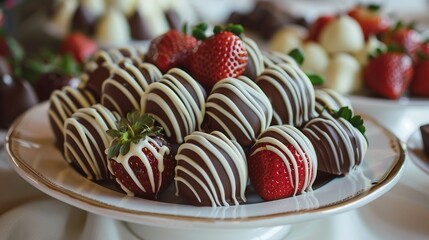 Poster - Plate with chocolate-covered strawberries. Tasty treat for dessert or festive occasions with a luxurious style. Ideal for food blogs, menus, or culinary designs. AI