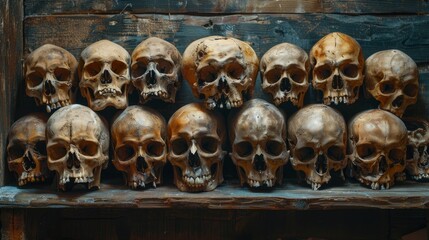 Wall Mural - Human skulls displayed on wooden shelf