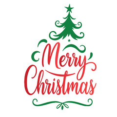 Merry Christmas. Hand drawn text with Christmas tree. Vector illustration